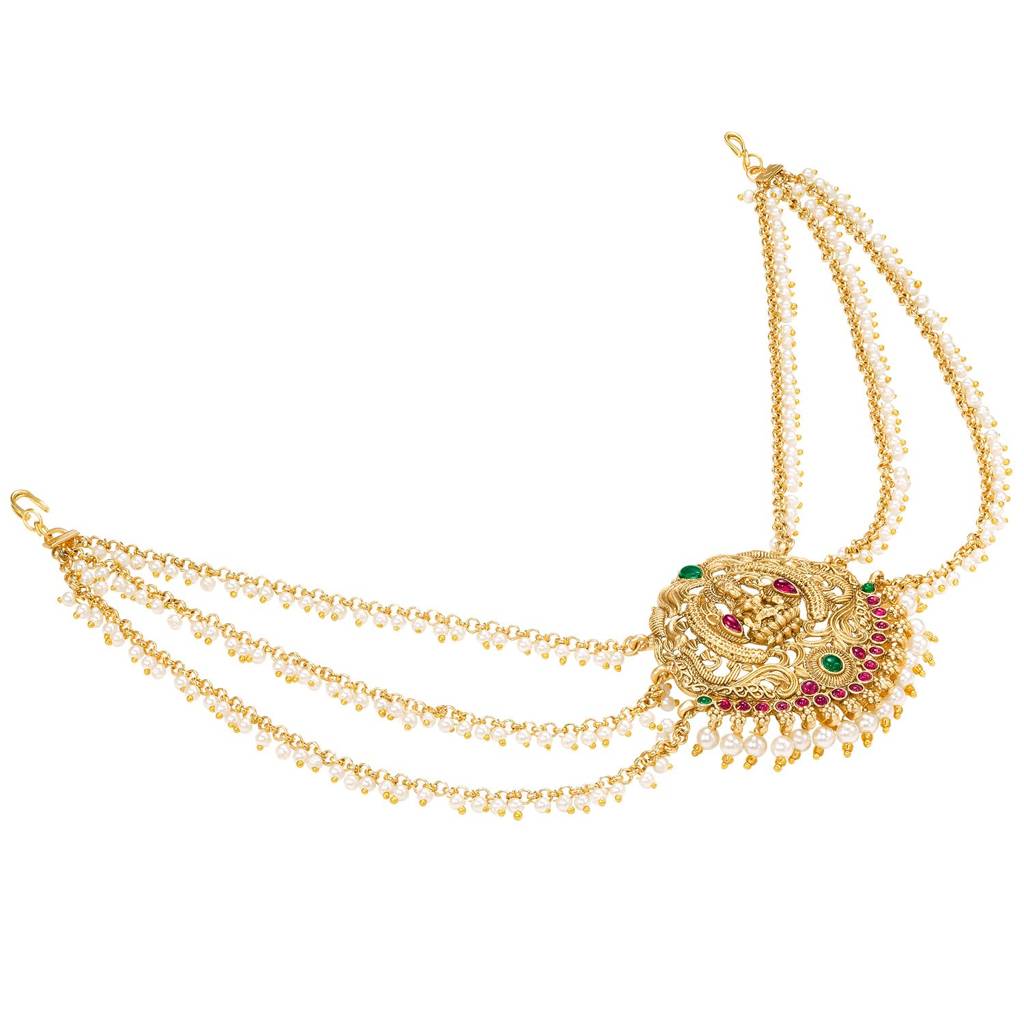Ethnic Layered Hair Juda Pin For Women & Girls Gold Plated Faux Emerald Ruby & Lariya Studded Festive Bridal Jew : PF47HJ05RPG