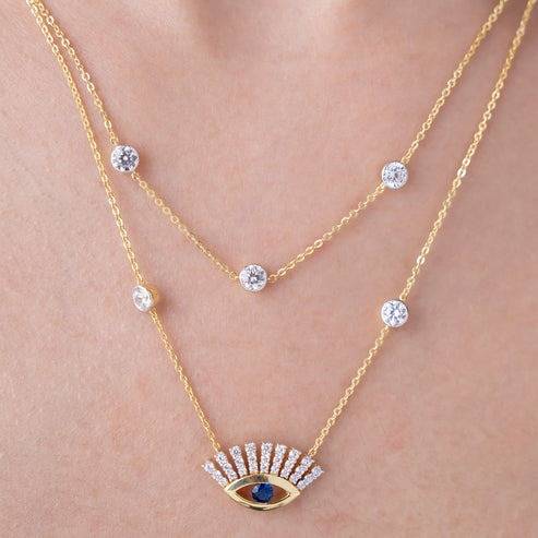 18K Gold Vermeil Layered Sunburst Eye Pendant Necklace With Cz Diamond : KNL0006-Gold