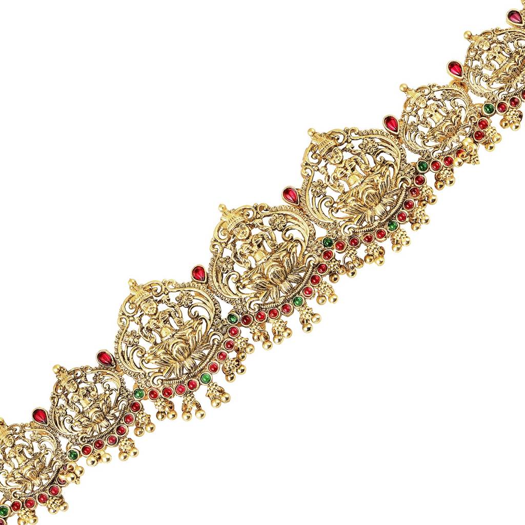 Gold Plated Rani Pink Green Faux Ruby Faux Emerald Studded Belly Chain Kamarbandh Ethnic Jewellery For Women : PF47BCH02RG
