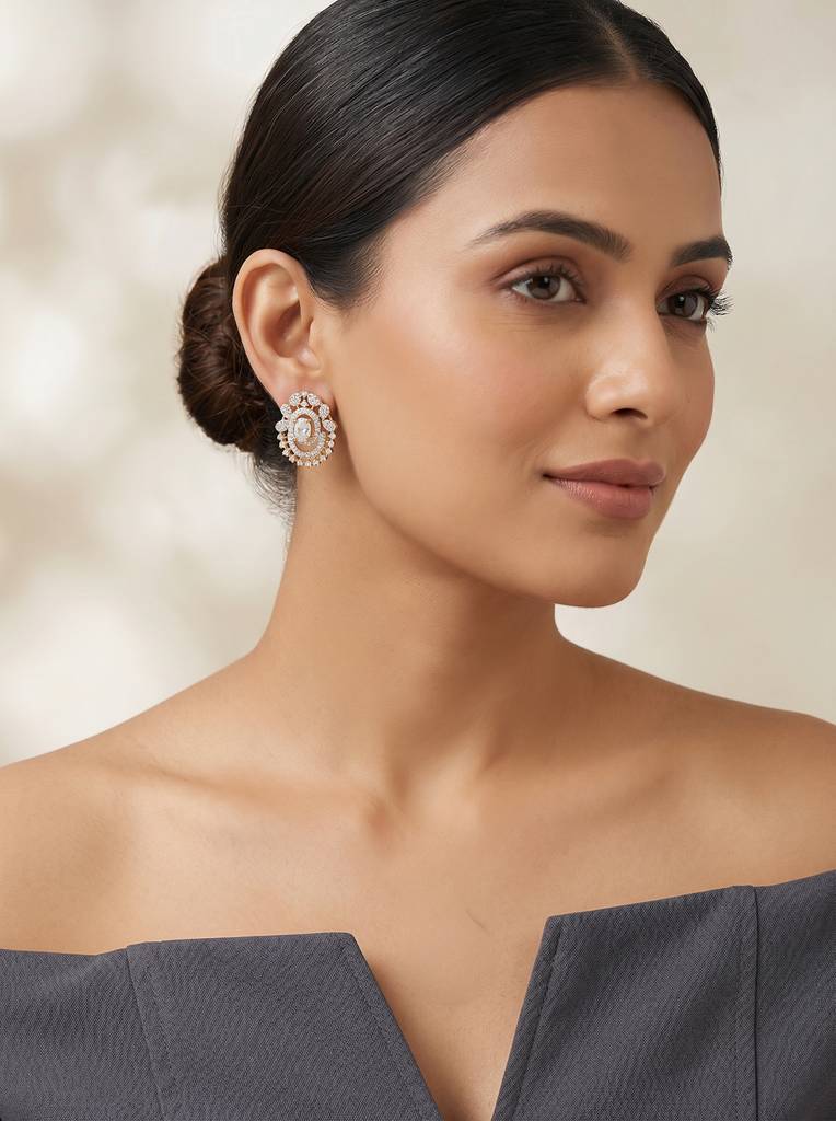 Gold Plated White Ad Zircon Oval Minimal Stud Earrings : SJER3030
