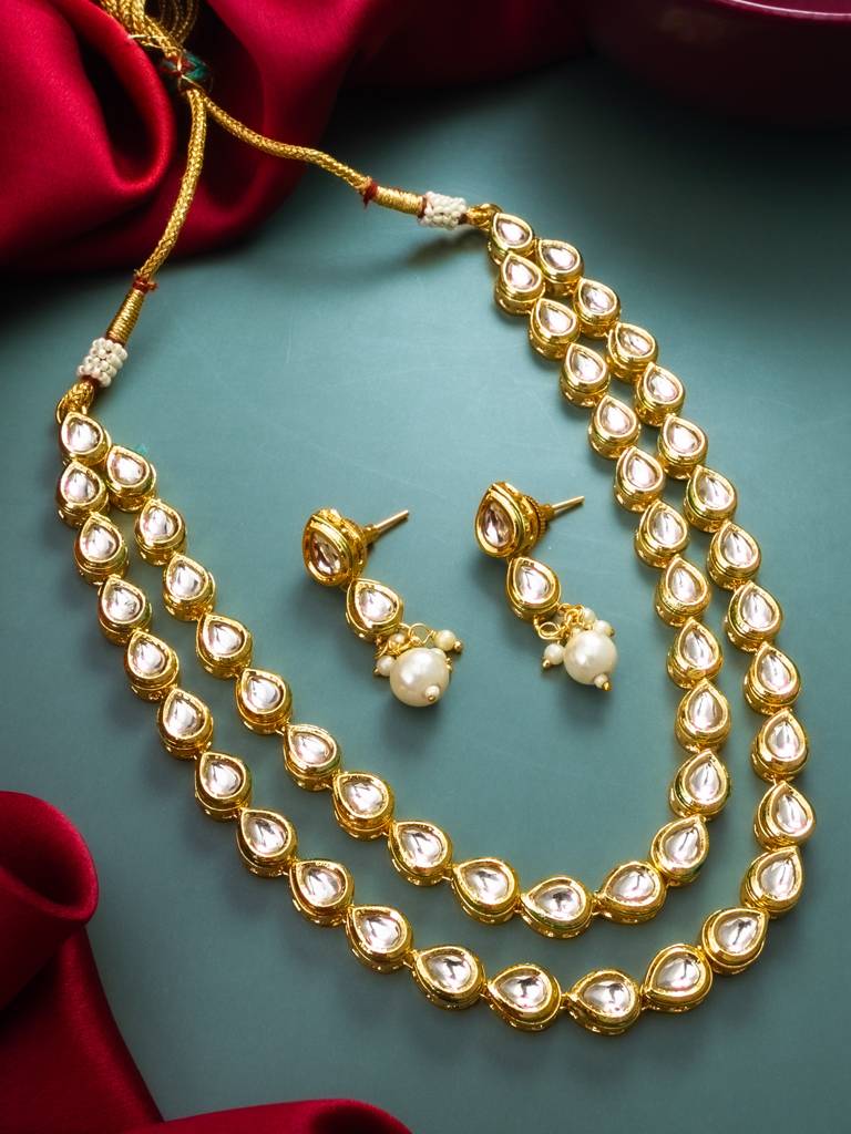 Double-Strand Kundan Necklace Set With Pearl Drop Earrings : NK4406