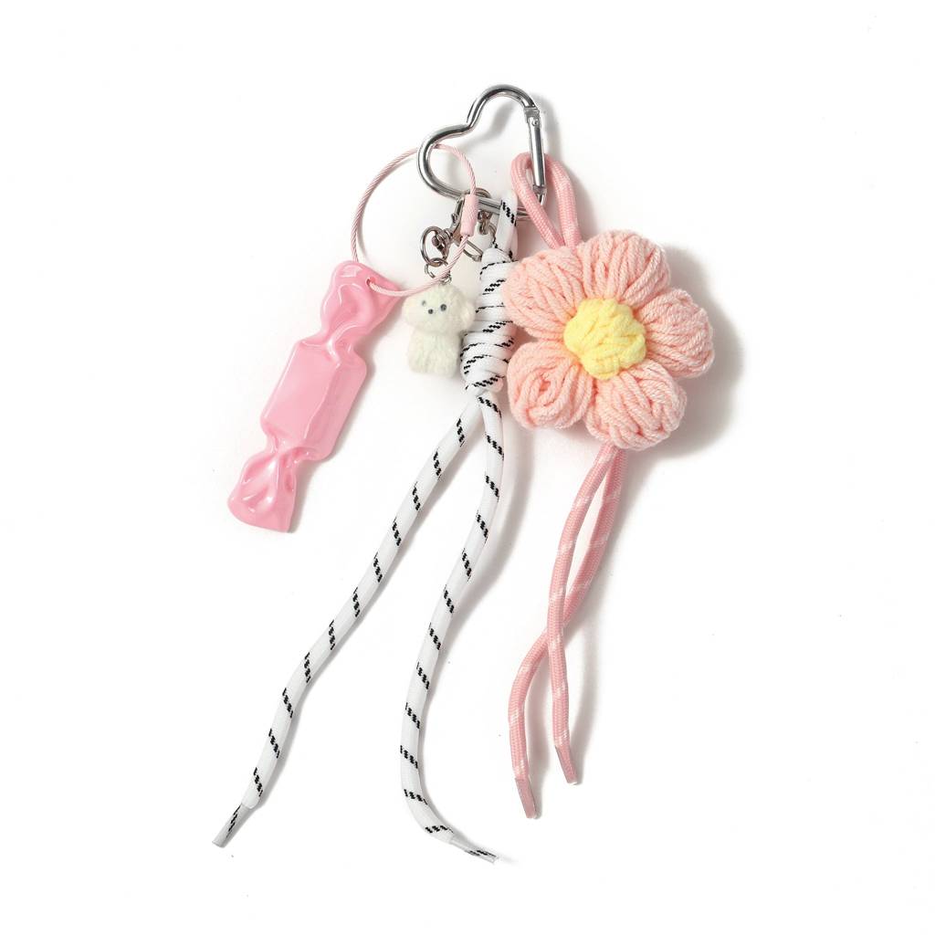 The Pink Floral Crochet & White Puppy Bag Charm : C-BG-0009-PK