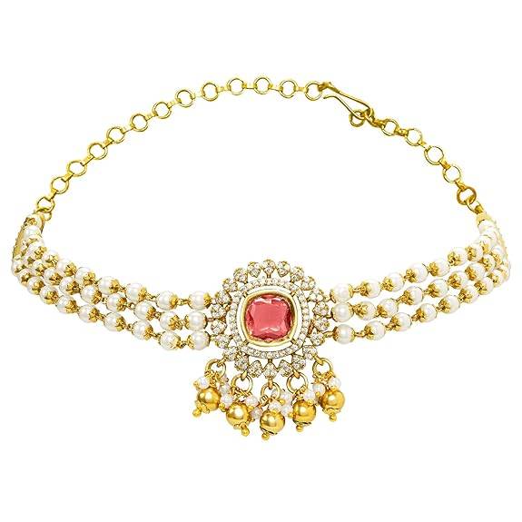 Red Ethnic Necklace Earrings For Women & Girls Gold Plated Faux Ruby Cz & Pearl Studded Festive Bridal Jewellery Bi : PF76N06R