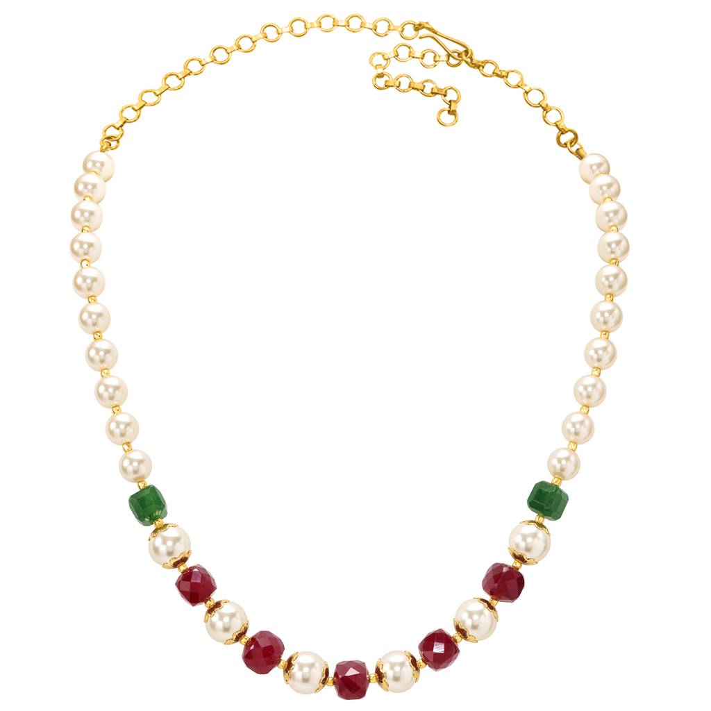 Ethnic Red & Green Beads Mala Necklace For Women & Girls Gold Plated Pearl & Crystals Studded Traditional Festive : PF10ML31RG