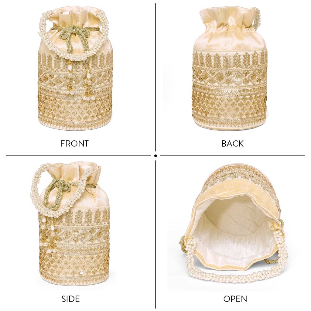 Zari Leaf Embellished Potli Bag For Women Fancy Ethnic Wristlet Purse Bag For Girls : P198G-F