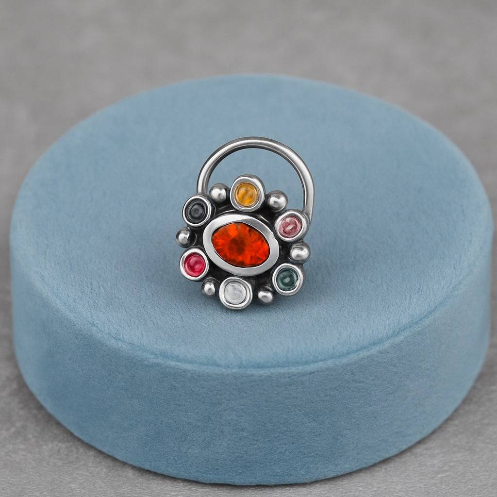 Navratna Oval Nose Pin - Sterling Silver : NP00150_925S_OX_CT