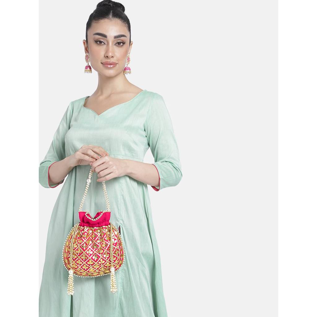 Embroidered Potli Bag For Women Handmade Ethnic Purse Evening Handbags Stylish Bridal Fashion Clutch Bag Gift For Girl : P09RP