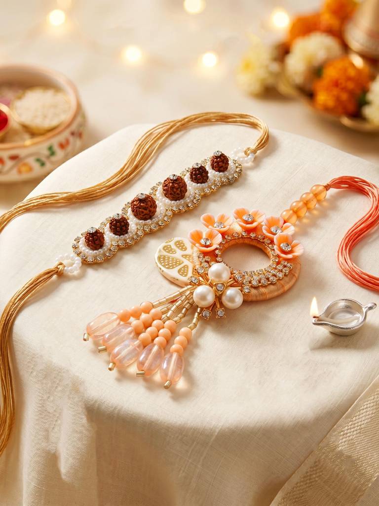 Designer Bhaiya Bhabhi Rakhi Set | Peach Floral Dangling Lumba & Traditional Brown Beaded Rakhi : 192-S7R1-PJ6605-PH