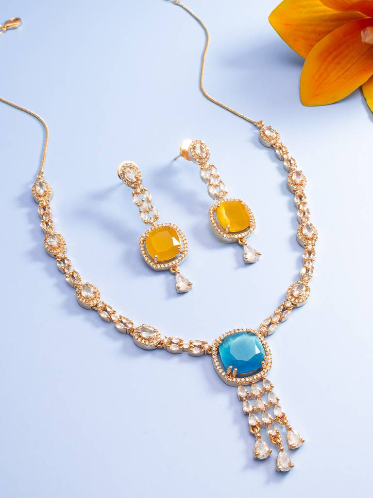 Reception Wear Rose Gold Teal And Yellow Pendant Necklace Set With Tassel Drop And Cushion Stone Earrings : NK4215