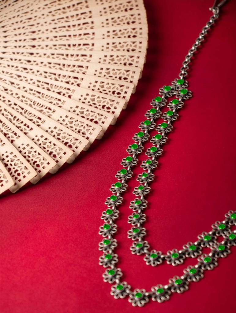 Tattva Carved Flower Two Layered Green Necklace : SN203039