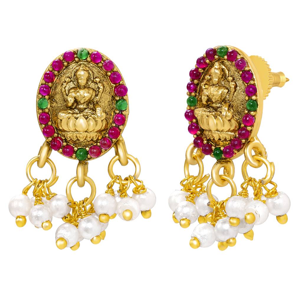 Women'S Gold Plated Ethnic Necklace Earrings Set Faux Ruby Emerald Lariya Studded Festive & Bridal Jewellery Anni : PF47N75RPG