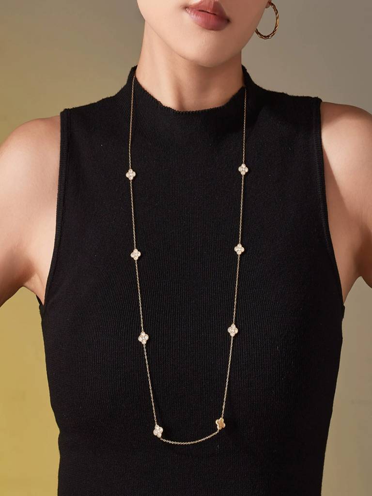 Flower Sweater Chain Necklace For Women Anti-Tarnish Waterproof 18K Gold Plated : ALL1125N086