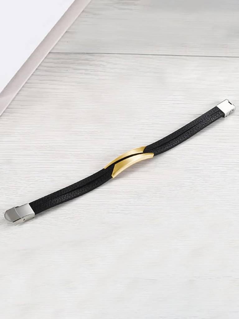 Black Synthetic Leather With Gold Plated Metal Bracelet Stylish Design Fashion Casual Jewellery Gift For Men & Boys : PX9LB34G