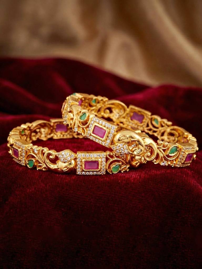 Gold Plated Ganesh Ji Idol Ad Peacock Design Bangle For Women With Pink & Green Stones | Wedding Festive : 1389-C1BG-2224-2-24