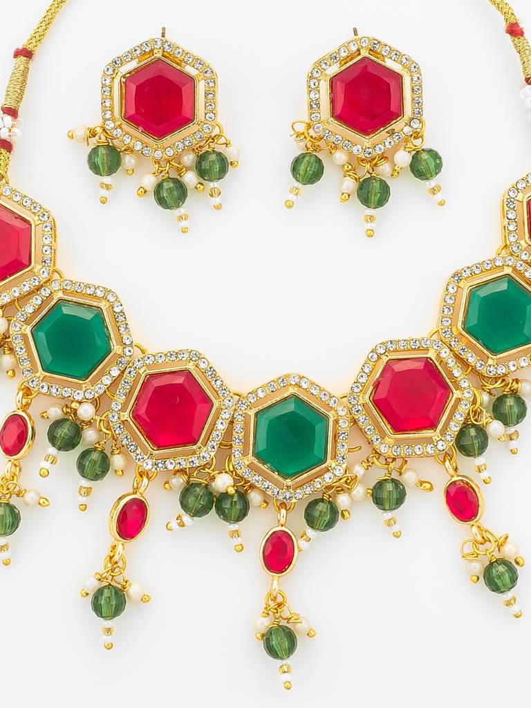 Gold Plated Red And Green Hexagonal Style Choker Set : NK4882