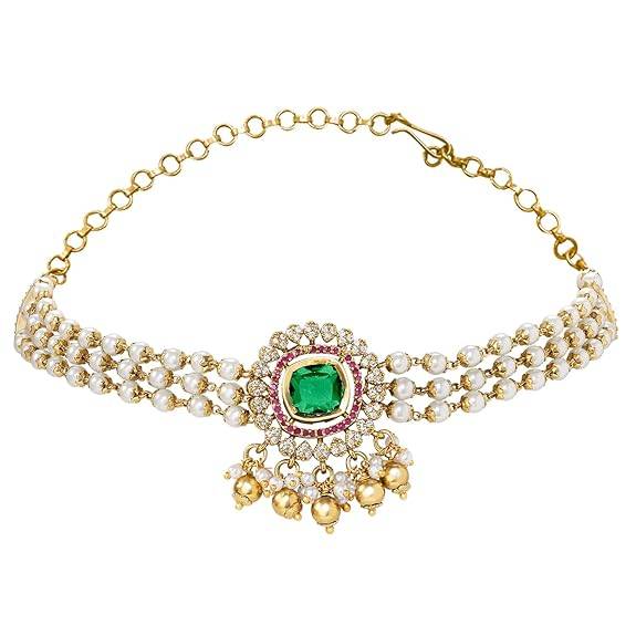 Red Ethnic Necklace Earrings For Women & Girls Gold Plated Faux Ruby Cz & Pearl Studded Festive Bridal Jewellery B : PF76N06RG