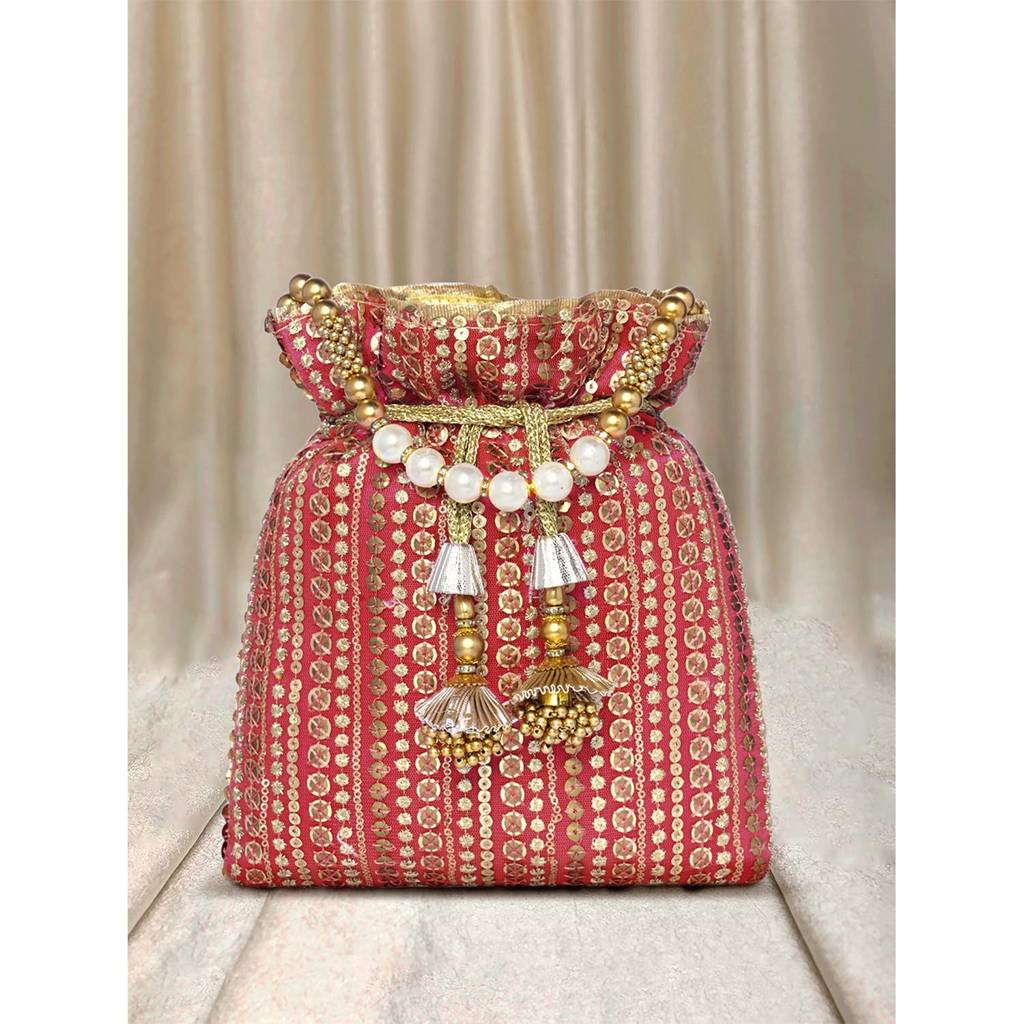Potli Purse For Women Handmade Evening Handbag Stylish Bridal Fashion Wristlet Bag For Girls (P163G) : P163R