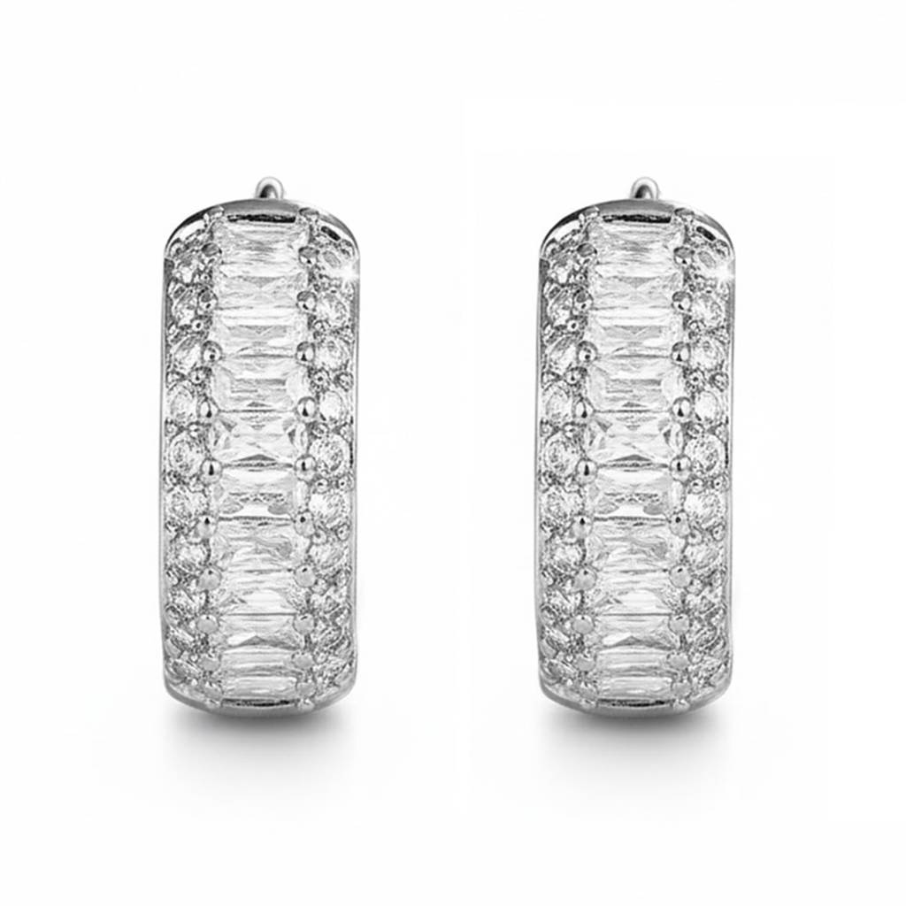 Silver Plated Baguette Stone & Cubic Zirconia Studded Fancy Stylish Hoop Earrings Jewellery For Women & Girls : PX9E3151S