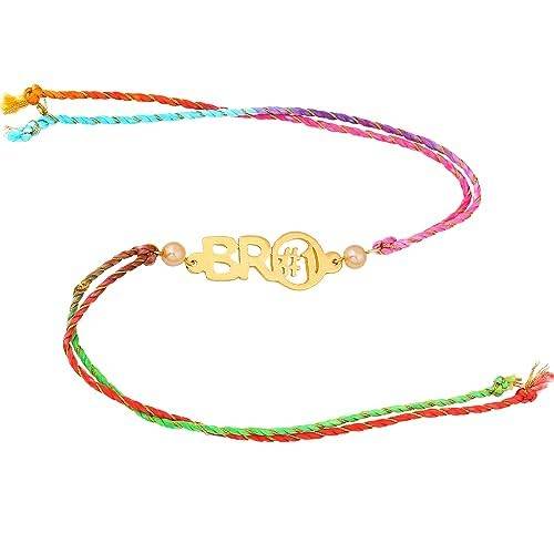 Gold Plated Bro#1 Rakhi With Pearls And Multi-Colored Silk Thread : 305-IG-RAKHI