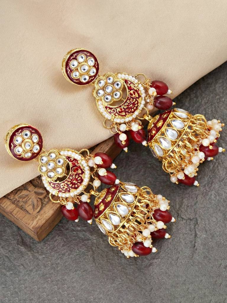 Gold Plated Kundan Maroon Beads Choker Jewellery Set For Women | Maroon Meenakari Bridal Ethnic Necklace Set : 4554-IZS-0003-M