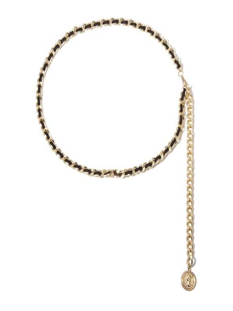Gold Plated Black Flannel Woven Chunky Metallic Waist Chain Hip Belt : ASX0421WC528