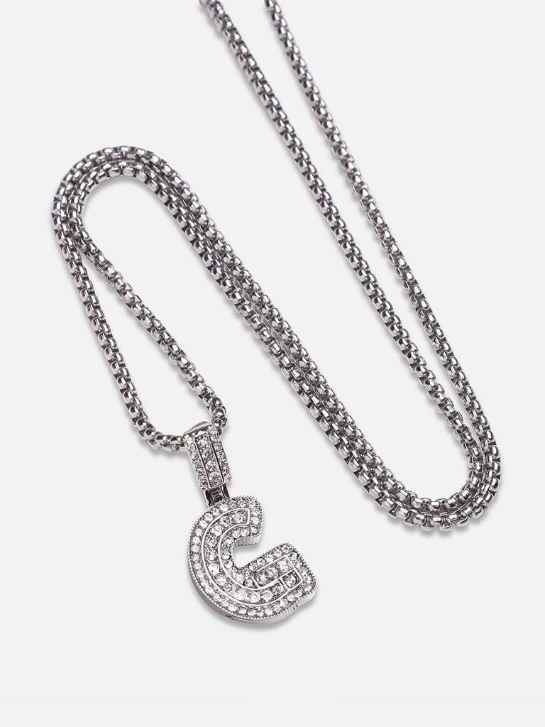 Men'S Embellished Alphabet Pendant Necklace - Silver : FANC1071-G