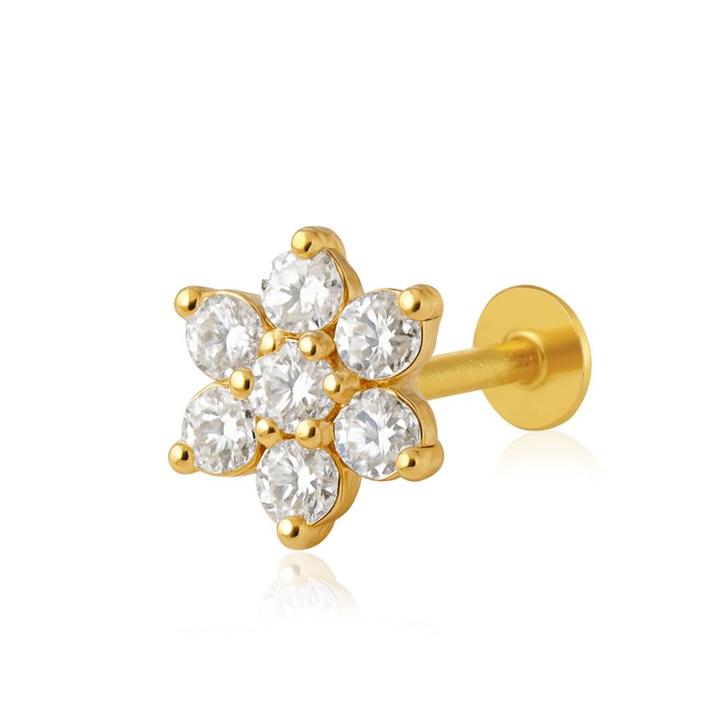 White Cz Round Six-Petal Floral Nose Pin 925 Sterling Silver Gold Plated : NP-0018-N-1-snp-0039