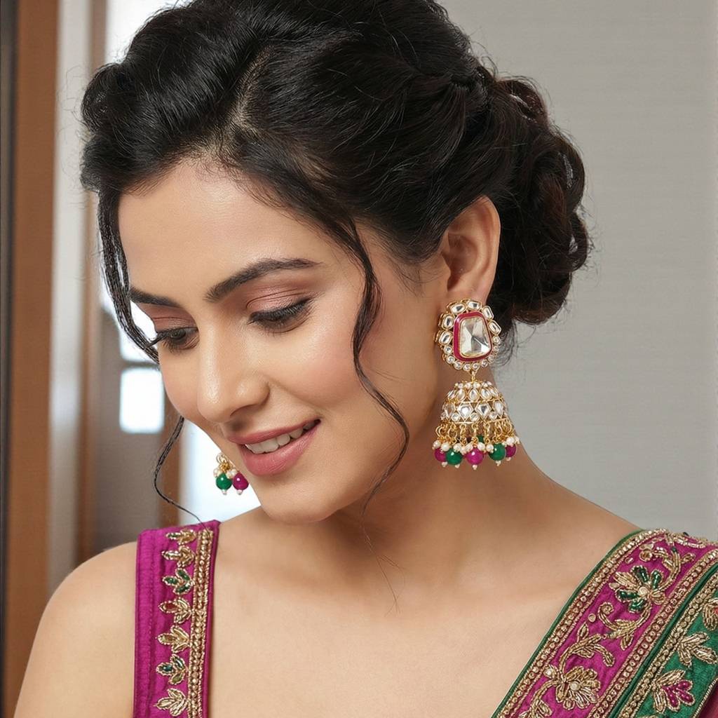 18 Kt Gold Plated Bridal & Semi-Bridal Necklace Set With Earrings, Maang Tikka & Nath : 2476-M8SK-1101-RG