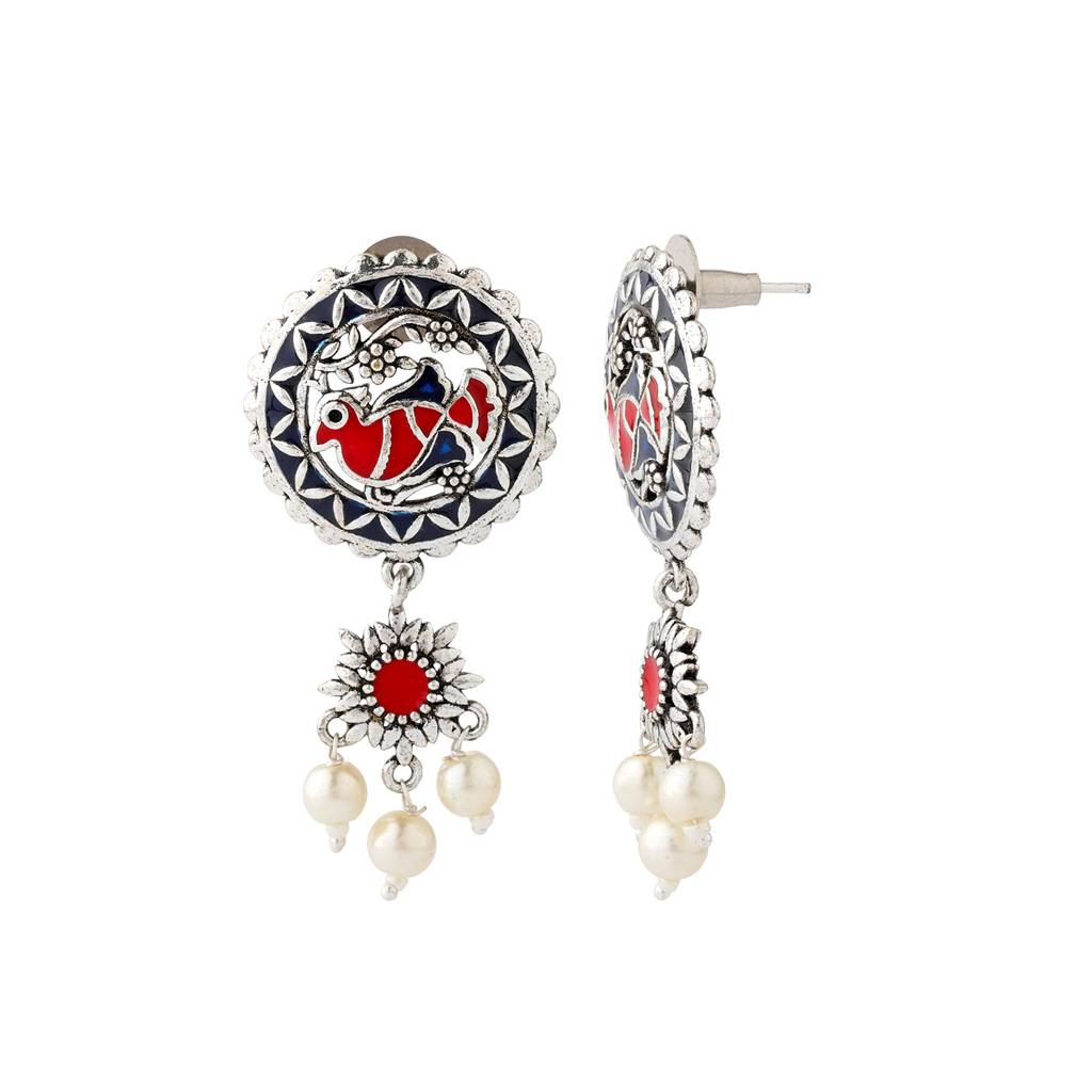 Madhubani Pakhi Phool Oxidised Enamel Pendant Set : 8905124562293