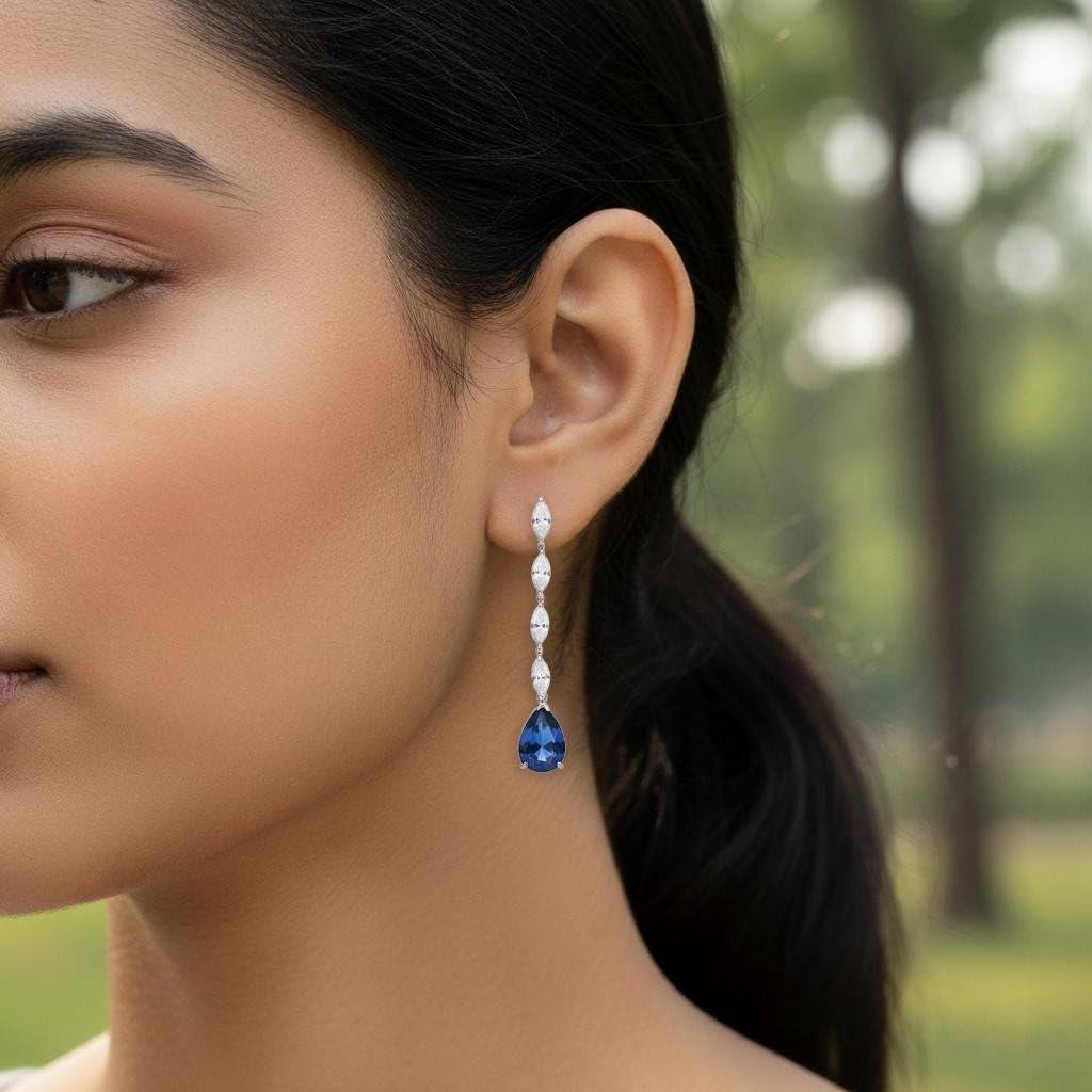 925 Silver Blue Teardrop Cz Dangle Earrings Bridal : SE_000961