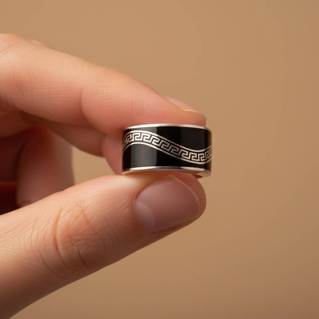 Silver Enamel Greek Key Pattern Ring : ZLR-1134-14