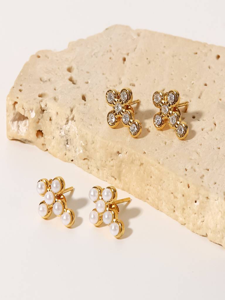 Cross Pearl Stud Earrings Anti-Tarnish Waterproof 18K Gold Plated For Women : AWX0925E2176