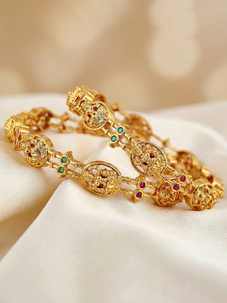 Gold Plated Laxmi Ji Temple Design Bangle For Women With Pink & Green Stones | Traditional South Indian B : 598-C1BG-2195-2-24
