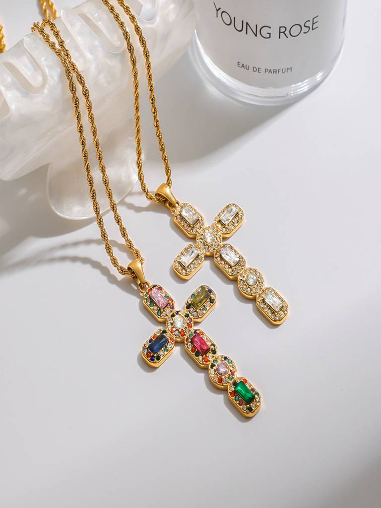 Mens Zircon Cross Pendant Necklace Waterproof Anti-Tarnish 18K Gold Plated : AWX0925P2040WH_M_RE