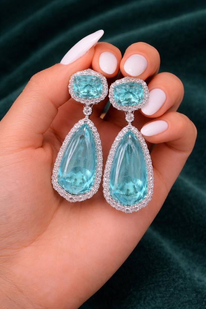 Aqua Blue Crystal American Diamond Studded Premium Party Long Earrings : 100013