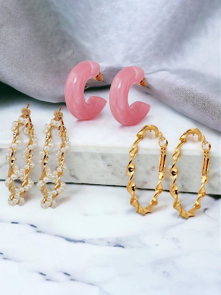 6 Pairs Combo Earrings- Gold Plated Stone Studs, Geometric Hoops And C Shaped Drops : 240-CHEX-1185-6