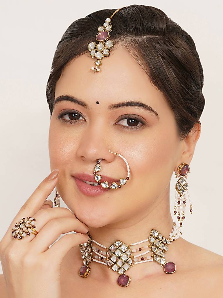 Purple Kundan Paradise Choker Set With Matching Earrings, Ring, Nath, Maangtikka & Bra : ACN514ACE514ACR514ACNT514ACB514ACM007