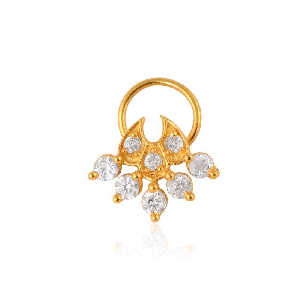 White Cz In Crescent Drop Ethnic Nose Pin - Sterling Silver Gold Plated : NP-00017_925S_YG_WCZ