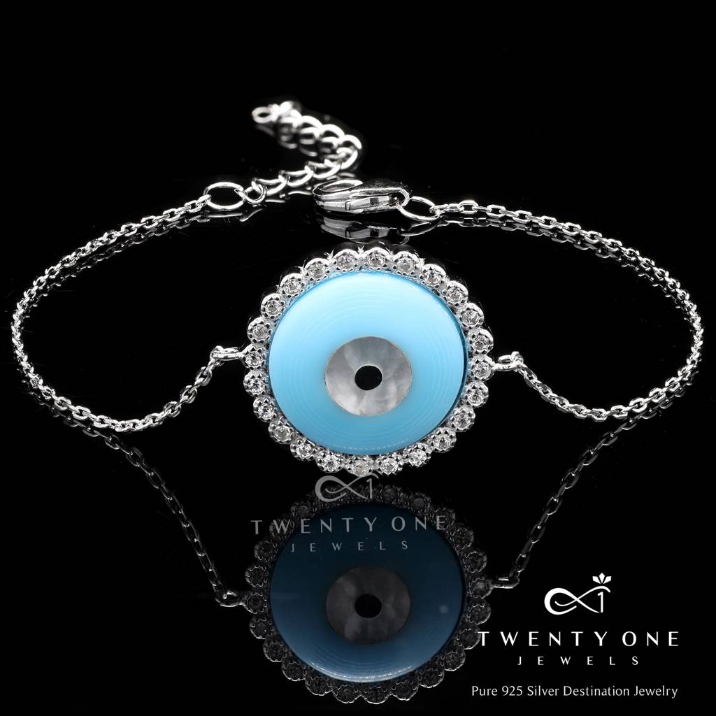 Twenty One Jewels Pure 925 Silver Evil Eye Rakhi Cum Bracelet For Brother ( Free Size With Extension Links ) : TB4184_E