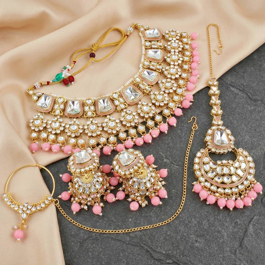 18 Kt Gold Plated Bridal & Semi-Bridal Necklace Set With Earrings, Maang Tikka & Nath : 2476-M8SK-1101-PK