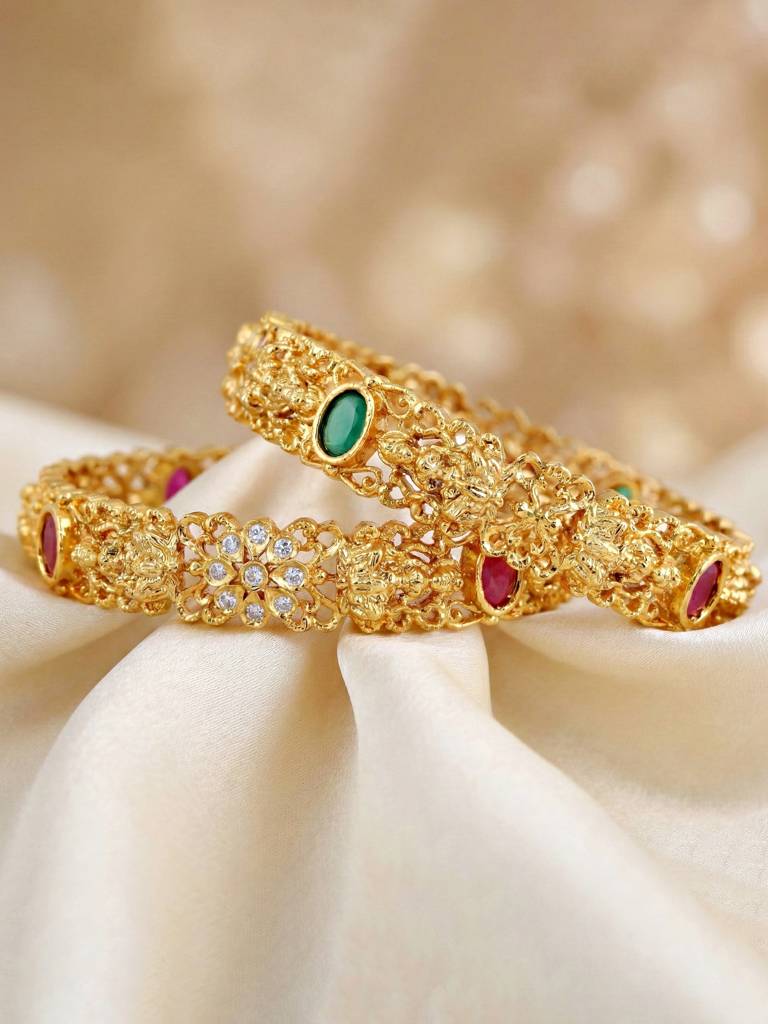 Gold Plated Laxmi Ji Temple Floral Design Ad Bangle For Women With Pink & Green Stones | Traditional Brid : 866-C1BG-2207-2-24