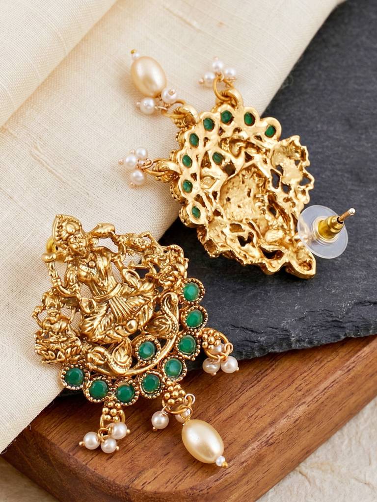 Gold-Plated Temple Jewellery Laxmi Idol Green Color Necklace Set With Earrings For Women | Traditional South  : 660-G2SR-196-G