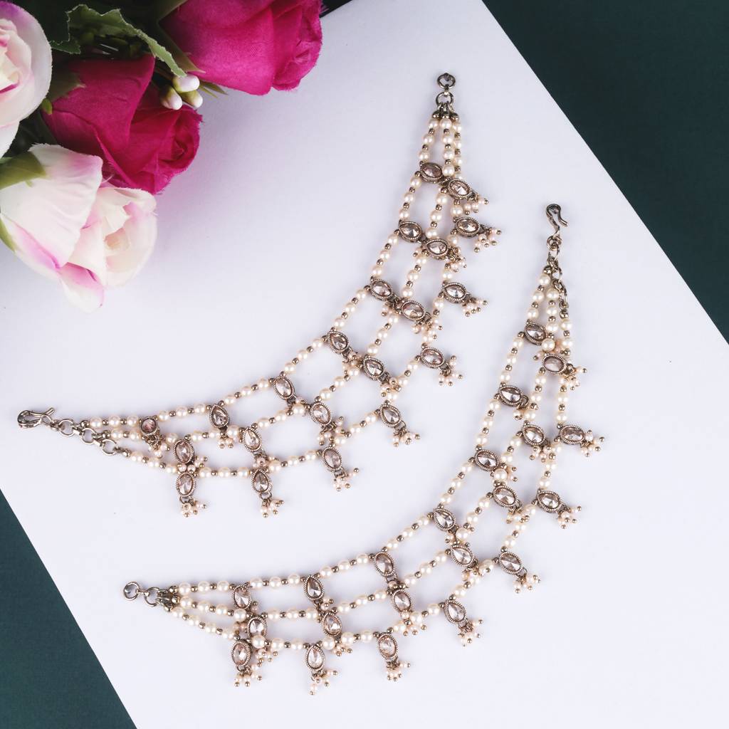 Creative Oval And Circle Shape 3 String White Kundan Stone Pearl Antique Gold Plated Set Of 2 Ear-Chain  : 6KC02-Half-White_MD