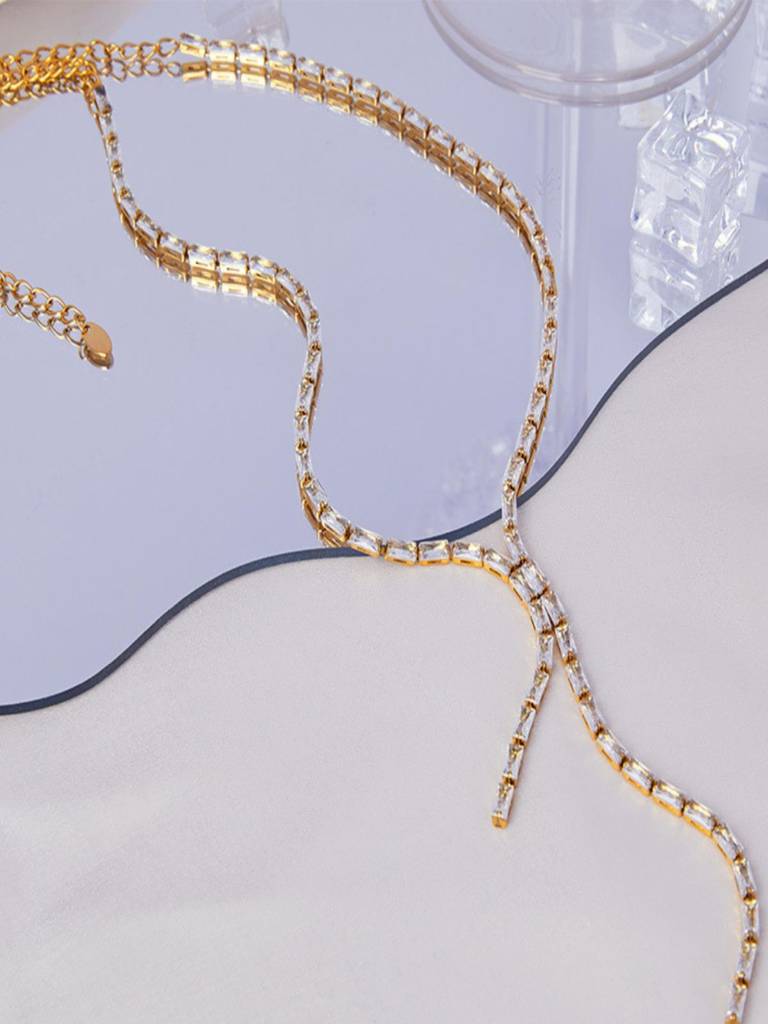Tassel Zircon Lariat Necklace For Women Anti-Tarnish Waterproof 18K Gold Plated : ALL1125N1843WH