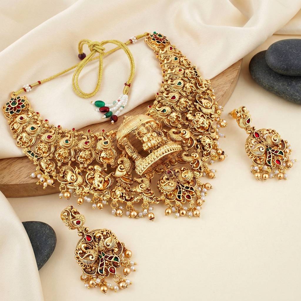 Antique Gold Plated South Indian Temple Jewelry Layered Set | Goddess Lakshmi Choker & Long Necklace With M : 3317-ISR-2184-RG