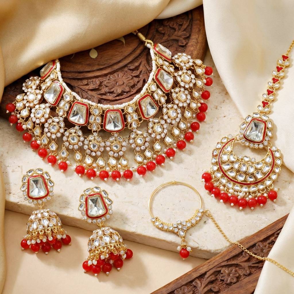 18 Kt Gold Plated Bridal & Semi-Bridal Necklace Set With Earrings, Maang Tikka & Nath : 2476-M8SK-1101-RED
