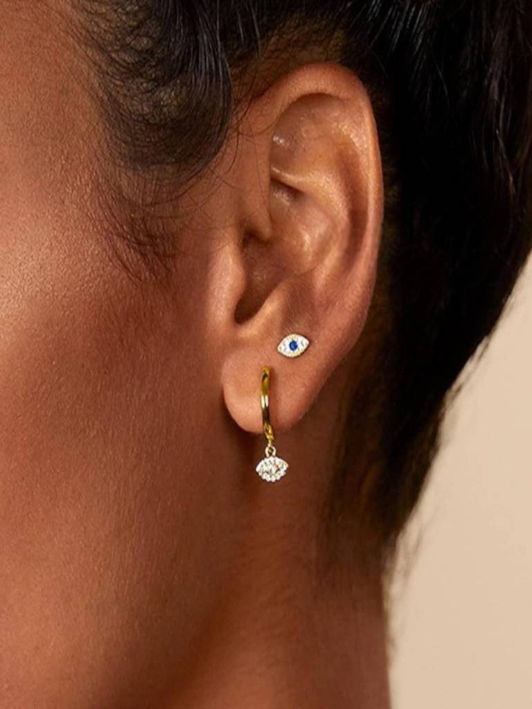 14K Gold Plated Anti-Tarnish Zircon Evil Eye Flat Back Stud Earrings : AXY0326E1071