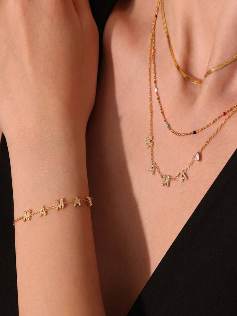 Set Of 2 - 18K Gold Plated Waterproof Mama Heart Zircon Bracelet & Necklace : ALL0725NB297C2
