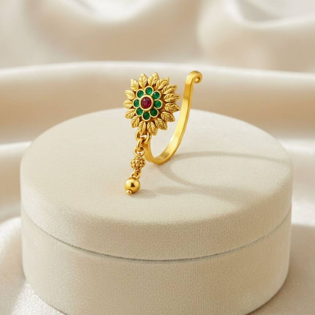 Red & Green Stone Floral Clip-On Nose Pin 925 Sterling Silver Yellow Plated : CNP-0009