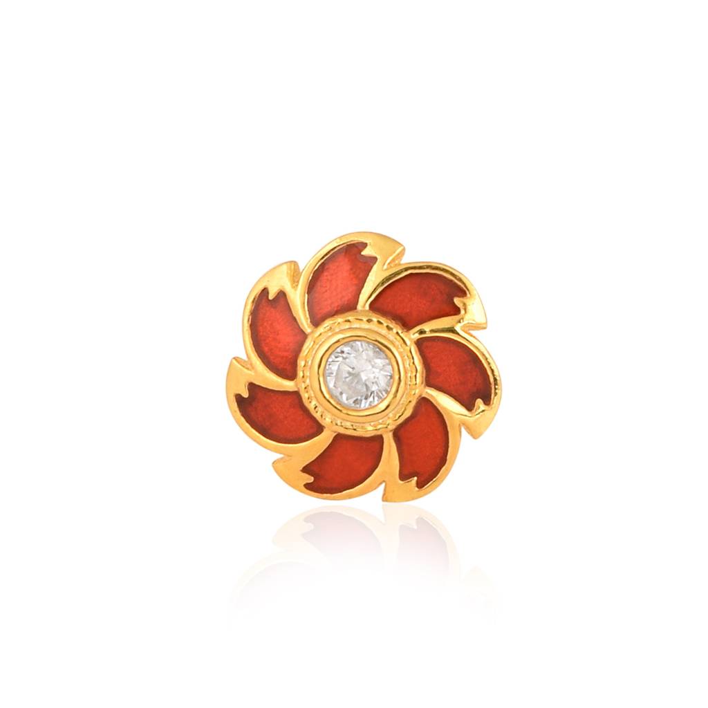 Enamel Floral Nose Pin - Sterling Silver Gold Plated : NP-00033_925S_YG_WCZ_RED